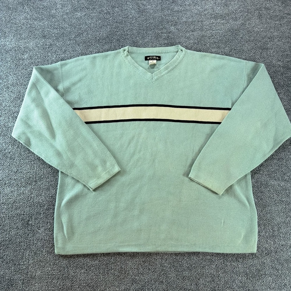 Vintage Y2K Pure Stuff XL Seafoam Green V-Neck Cotton Striped Sweater 90s Preppy